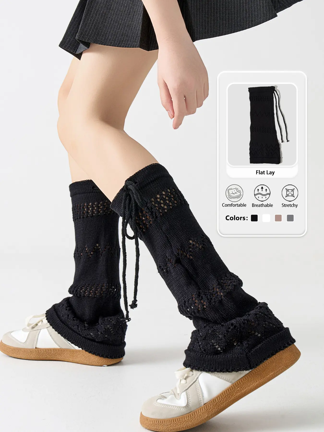 【1 pair】Womens Solid Hollow Knit Leg Warmers Bow Drawstring Flared Slouchy Daily Wear