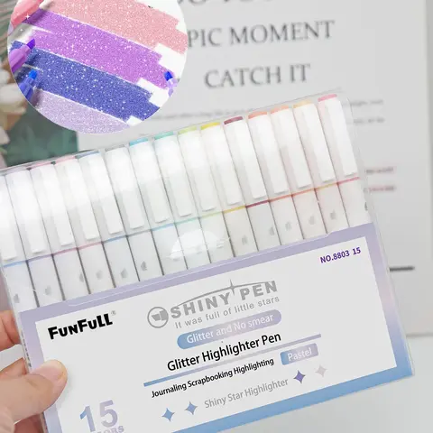 Glitter Highlighter Marker Pen, 15pcs Colorful Shimmering Highlighters Marker Pen, Art Shimmer Marker Pen for Journaling, Painting, Scrapbooking, Art Markers Pen, Coloring Supplies, Aesthetic Pens, Creative Stationery