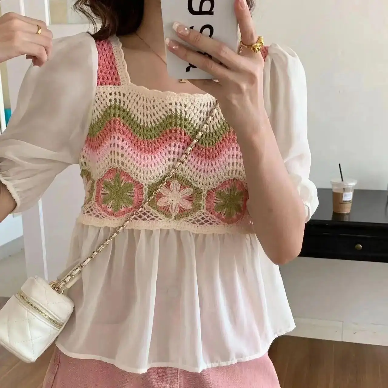 Women Crochet Top Boho Chiffon Sleeve Square Neck Open-knit Blouse Fairycore Cottagecore Spring Summer 2026 Beach Wear
