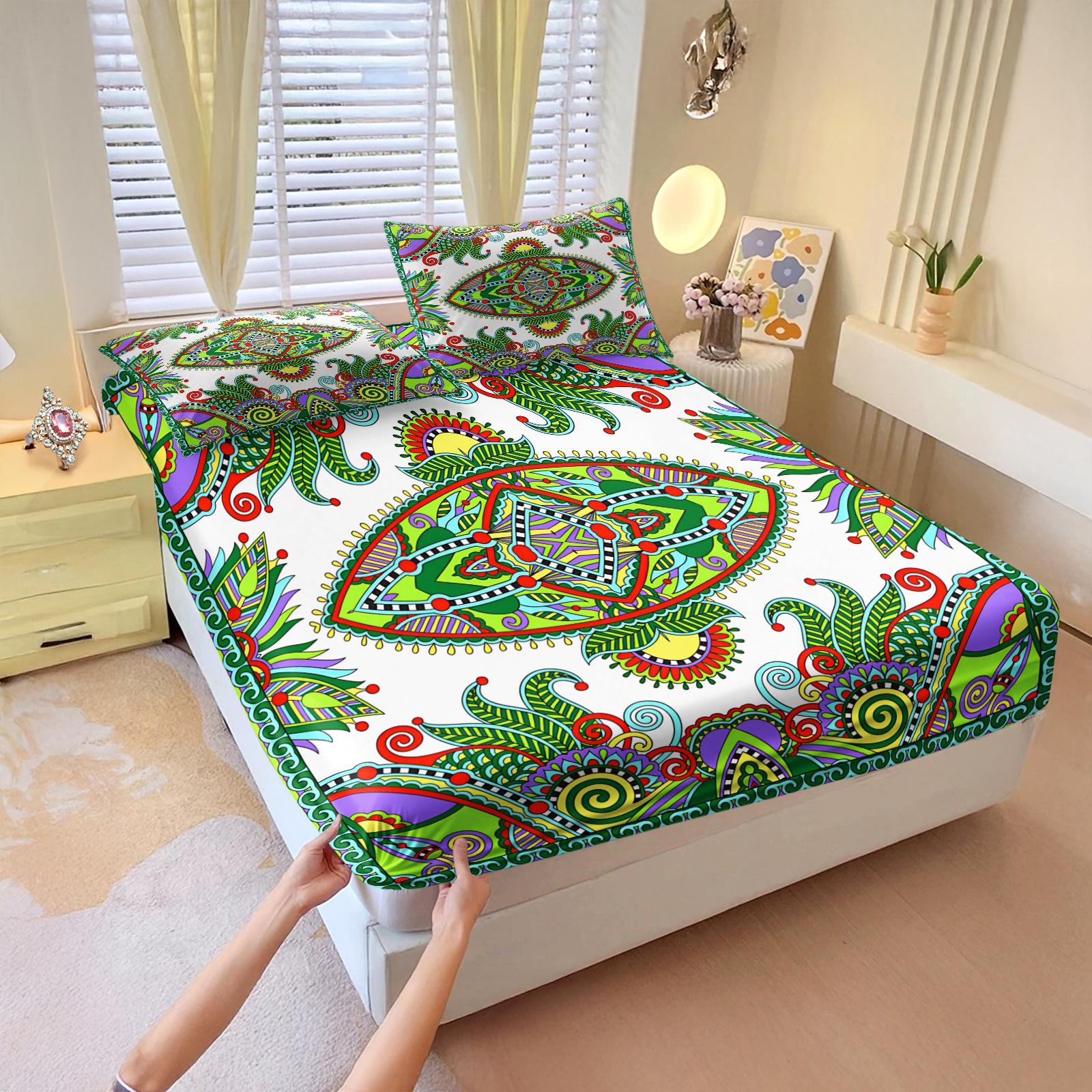 3Pcs Boho Paisley Printed Fitted Sheet Set, Vibrant Ethnic Style Bedding Set, Ultra-Soft Breathable Microfiber Bed Sheet Set, Deep Pocket All-Season Bed Linen, Ideal for Bedroom, Guest Room, Dorm Decor, Home Use
