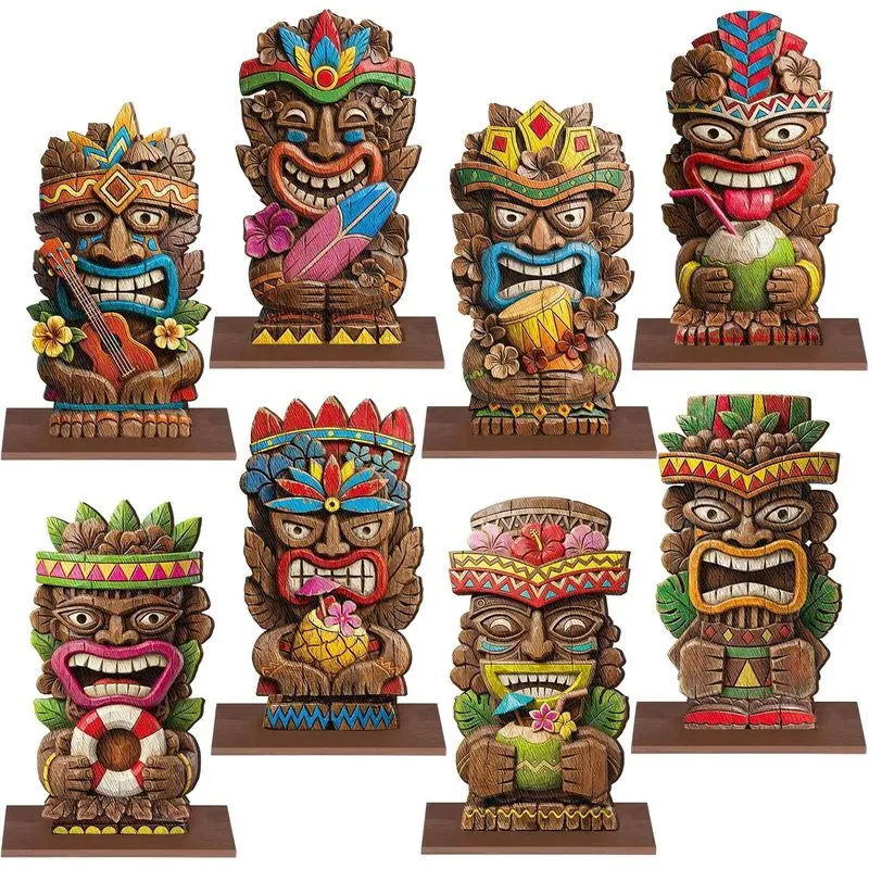 8 Pcs Hawaiian Luau Party Tiki Totem Table Decorations Centerpiece |   Vintage Painted Wooden Totems with Stands, Tropical Aloha Themed Signs for Summer Birthday Beach Pool Party, Reusable