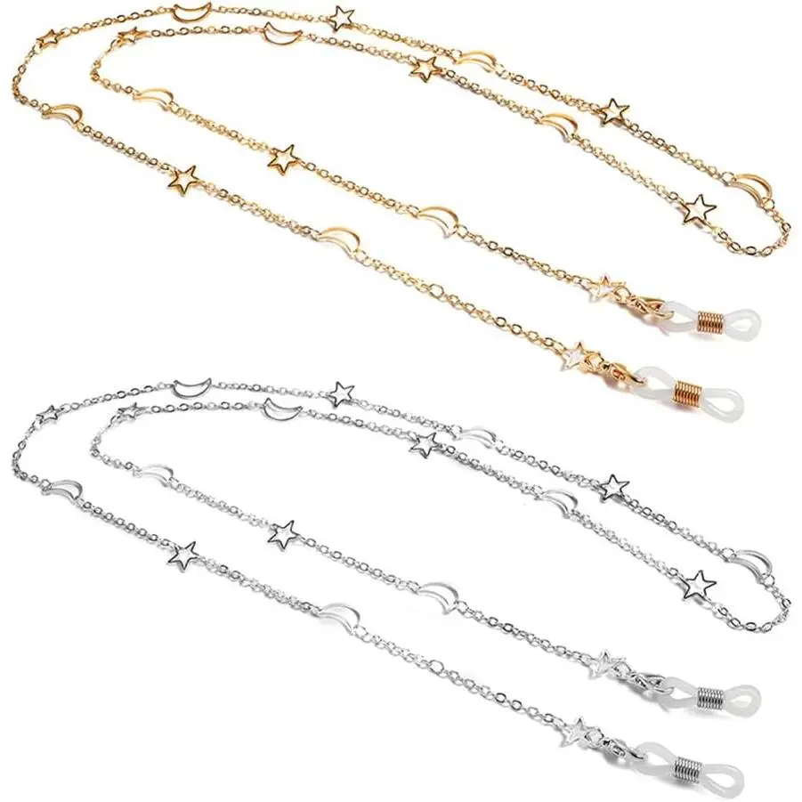 2PCS Eyeglass Chain Holder Reading Glass Cords Lanyard Alloy Eyewear Retainer Chain Metal Necklace Chain Sunglass Strap Holder with Rubber Ends – Moon and Star
