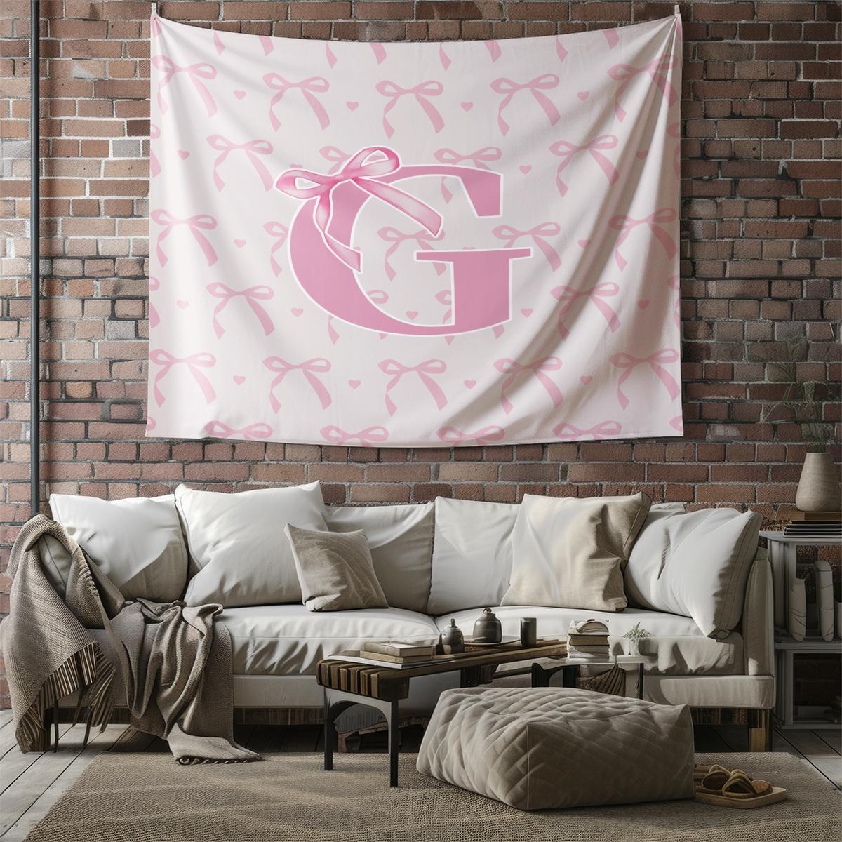 Pink Bow Heart Wall Tapestry, Custom Initial Sweet Print, Soft Decorative, Ideal for Girls Bedroom Living Room Wall Decor