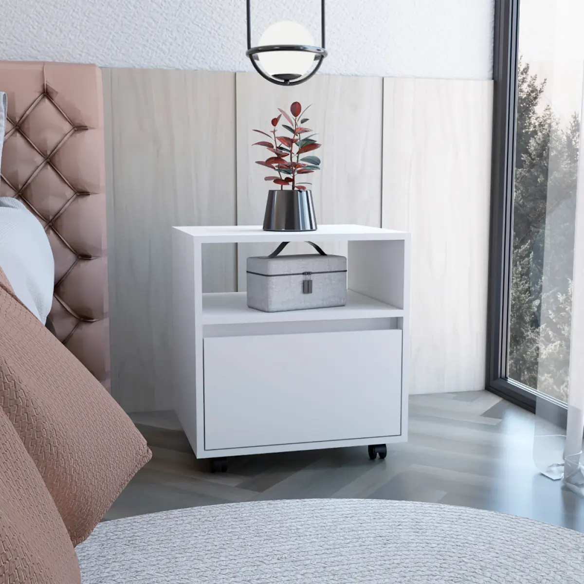 Rolling Nightstand with Drawer & Storage Shelf, Modern Bedside Table with Casters, Compact End Table Side Table for Bedroom Living Room Home Office, Small Space Night Stand Storage Cabinet for Apartment Dorm, Easy Assembly