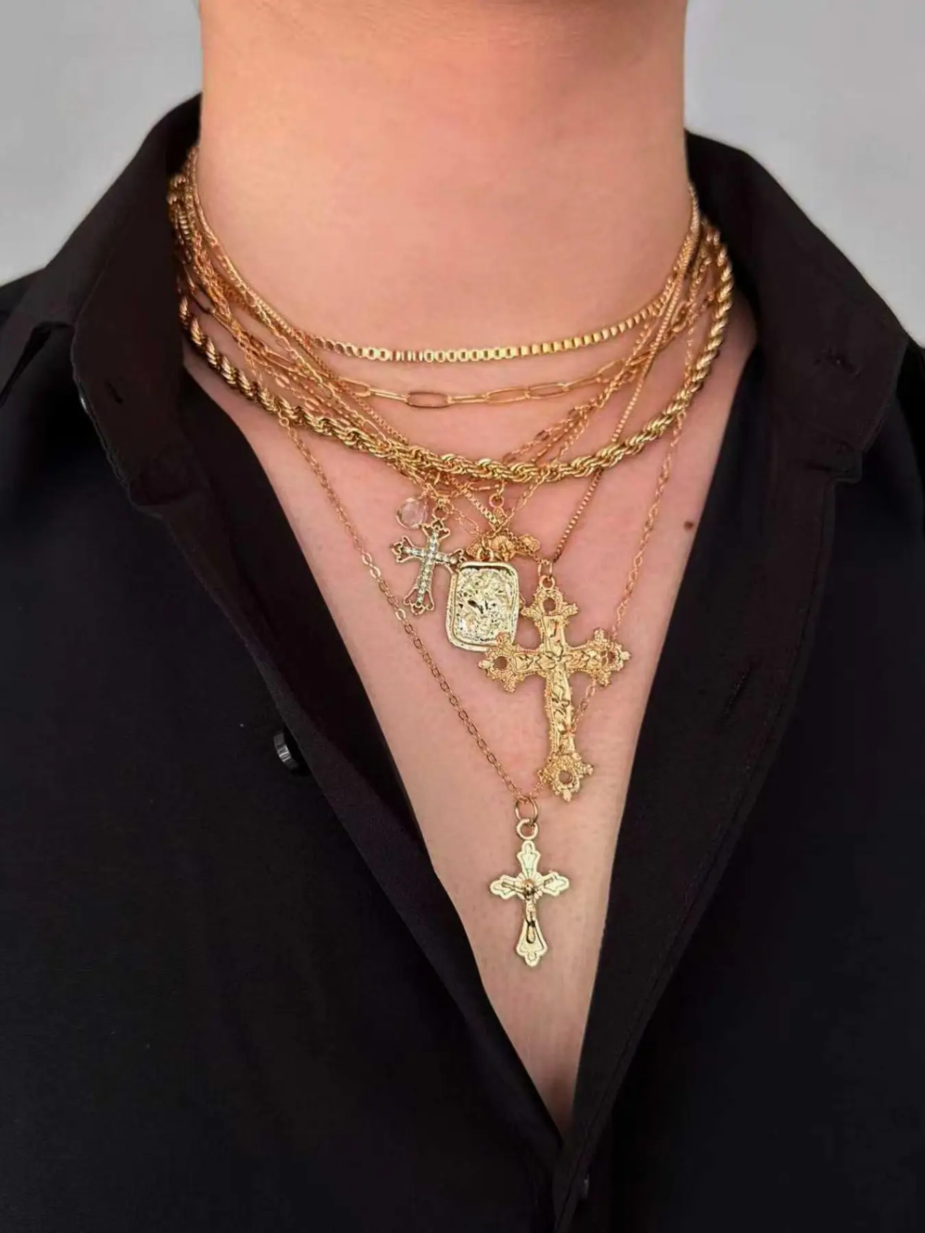 Vintage Layered Cross Necklace, Engraved Square Pendant Rhinestone Chain, American Punk Hip Hop Unisex Heavy Locket Chain
