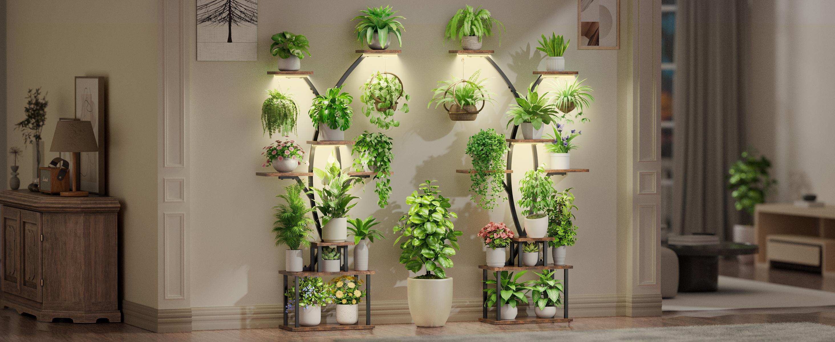 63" Metal 7 Tiered Plant Stand with Grow Lights, Tall Plant Display Rack Organiser for Hanging Plants, Large Plant Flower Holder Shelf for Indoor & Outdoor Nature-Decor