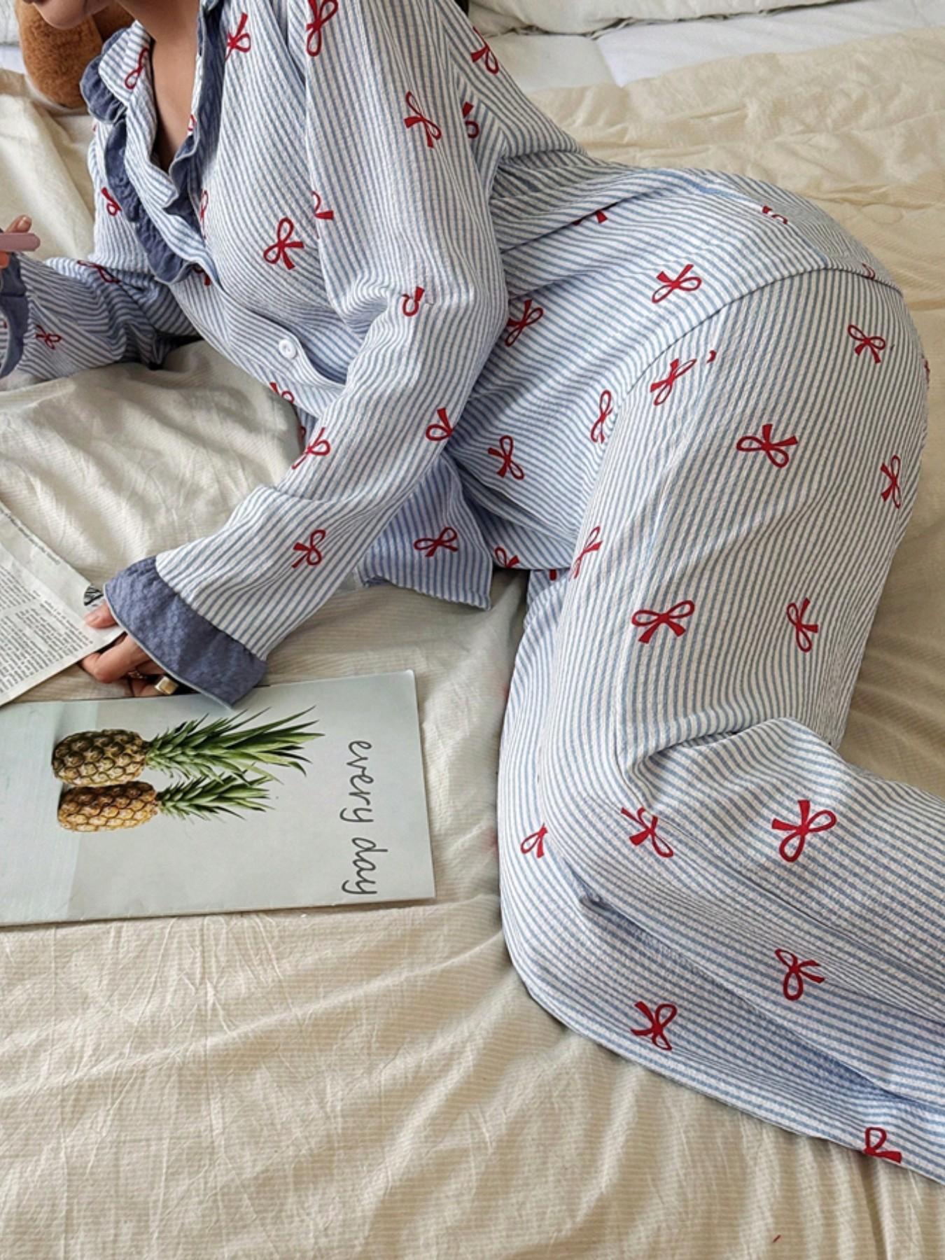 Women's 2-Piece Sleepwear Set Loungewear, Sweet Casual Home Clothes, Long Sleeve Pajamas with Bow Pants, Pocket Design, Striped Pattern, All Seasons