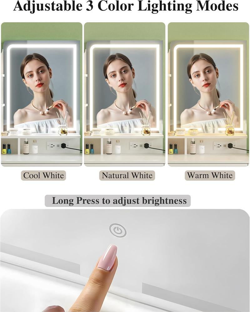 Makeup Vanity Desk with Mirror and Lights, 36.6" Small Makeup Vanity with 4 Fabric Storage Drawer & Chair & Shelves, White Vanity with Fold-up Panel and Power Outlet for Bedroom Makeup Vanity Desk with Mirror and Lights, 36.6" Small Makeup Vanity with 4 Fabric Storage Drawer & Chair & Shelves, White Vanity with Fold-up Panel and Power Outlet for Bedroom