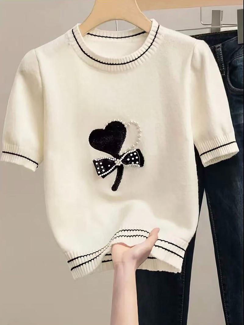 Heart Beaded Knit Sweater Short Sleeve Women Spring Summer New Unique Design Short Knitted Top Elegant Butterfly Knot Valentine's Day