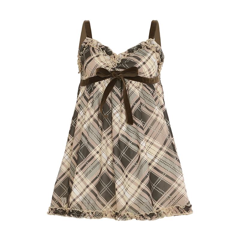 Women's Plaid Print Bow Decor Cami Top, Casual Elegant Sleeveless Spaghetti Strap Top for Summer, Ladies Clothes for Daily Wear
