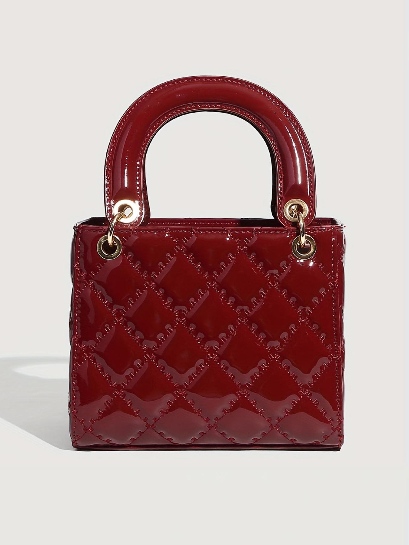 Valentine's Day gift, classic glossy diamond patterned handbag, vintage wine red patent leather handbag crossbody bag, paired with exquisite cherry pendant, fashionable and multifunctional, niche daily commuting, shopping, dating, etc, Elegant Bags