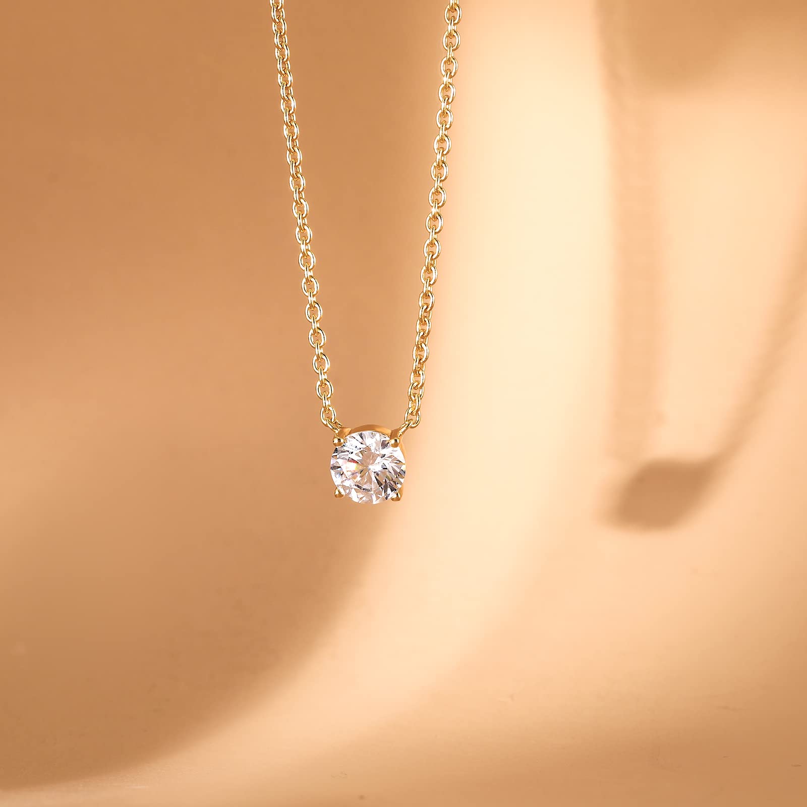 EAMTI 1.5CT 925 Sterling Silver Gold Plated Necklaces for Women Round Cut Solitaire CZ Pendant Necklace