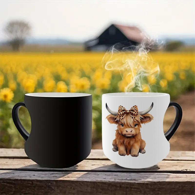 1pc Highland Cow Print Color Changing Mug - 11oz/325ml Durable Thermochromic cup, Cute Highland Cow & Bow Design, Coffee, Novelty Coffee Mug, Ceramic Mugs, Ceramics Mug, Ideal for Festival Gifts, The Perfect Gift for Coffee Lovers, Drinkware