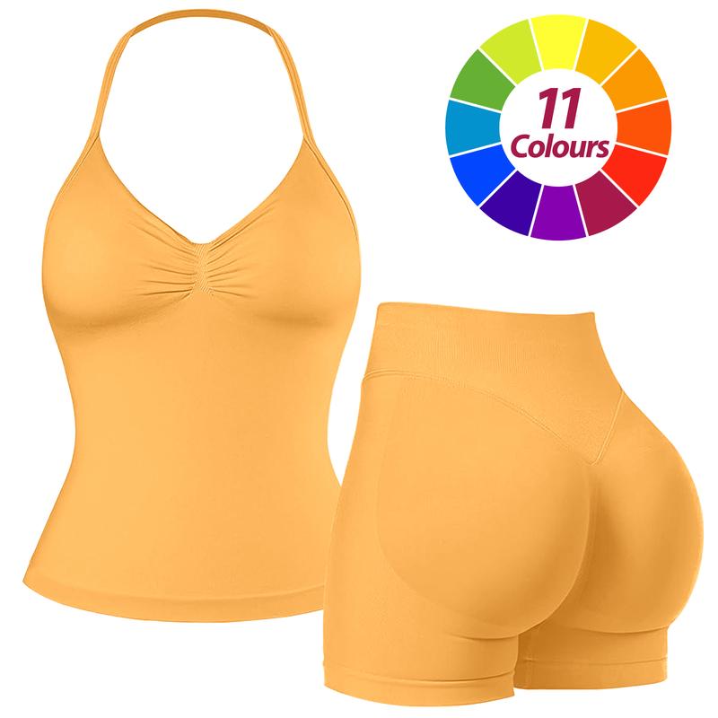 RICH BRIA Women's Seamless Halter Tank Top with High Waist Shorts Set for Yoga and Fitness, Breathable & Comfortable Activewear Summer Two-Piece Set