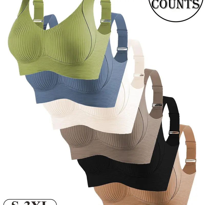 Women's Seamless Wireless Underwear Bralette Non Wire Bra Set, Adjustable Wide Straps, Comfortable Breathable Smooth Daily Casual Wear, 7/6/5/4/3 Pieces, Ribbed Stripe Design, Fit