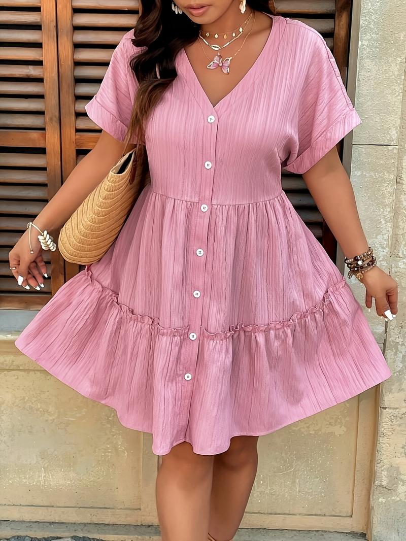 Plus Size V Neck Textured a Line Dress with Hollow Shoulders, Flared Hem for Summer, Women's Casual Sun Dress for Every Occasion