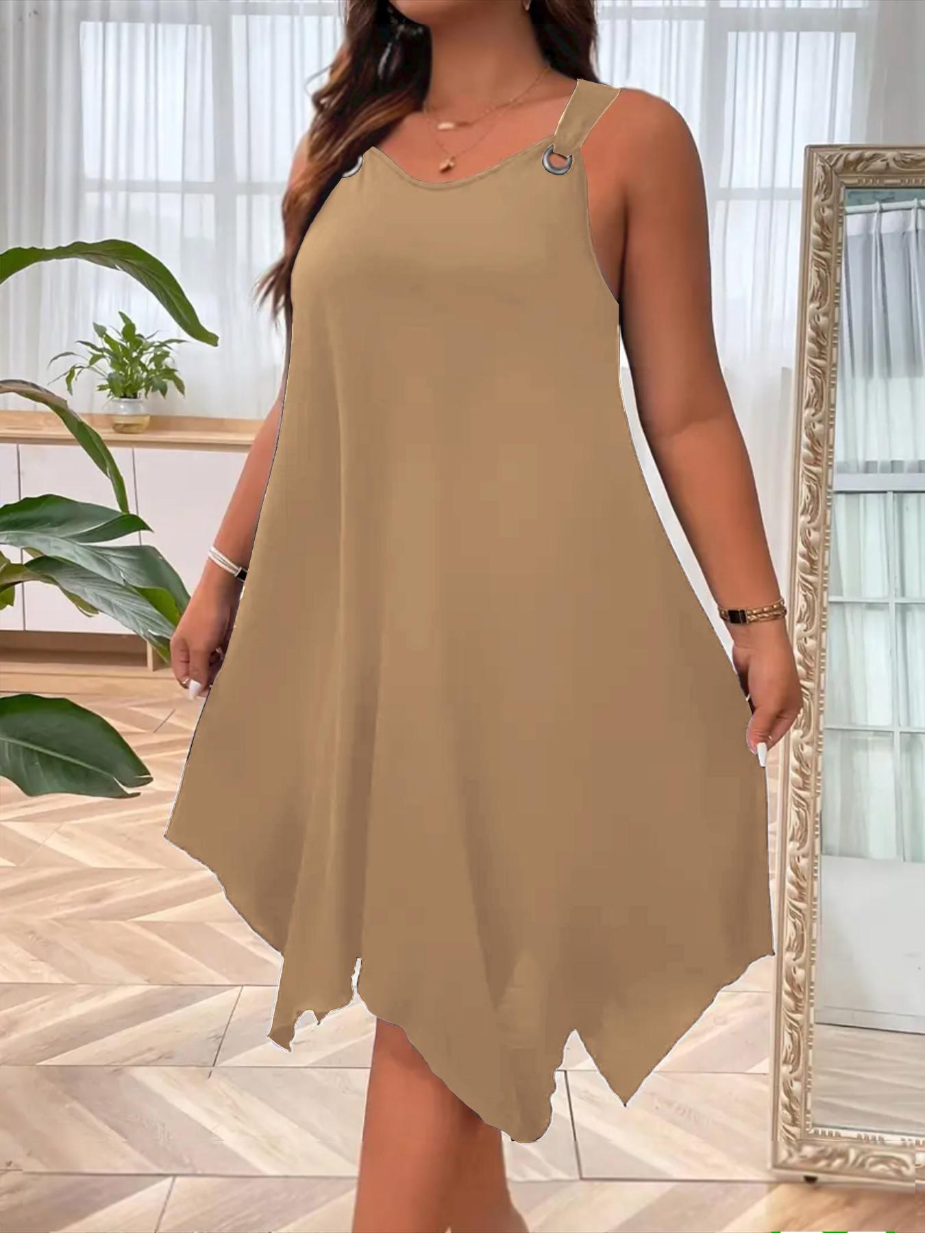 Women's Plus Size A-Line Sleeveless Spaghetti Strap V-Neck Dress, Basic Elegant Loose-Fit Casual Summer Dress for Daily Wear