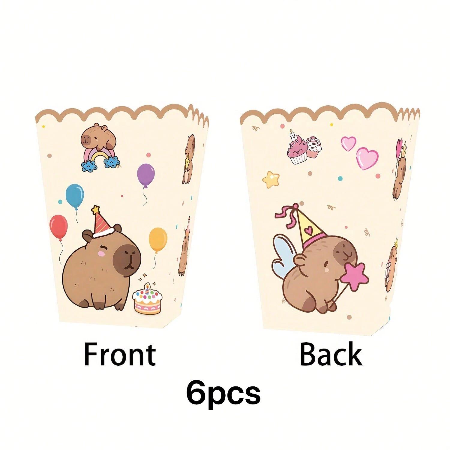 6 Piece Capybara Popcorn Boxes, Striped Paper Bags, Party Bags, Candy Boxes, Perfect for Theme Celebrations, Elegant Party Decor