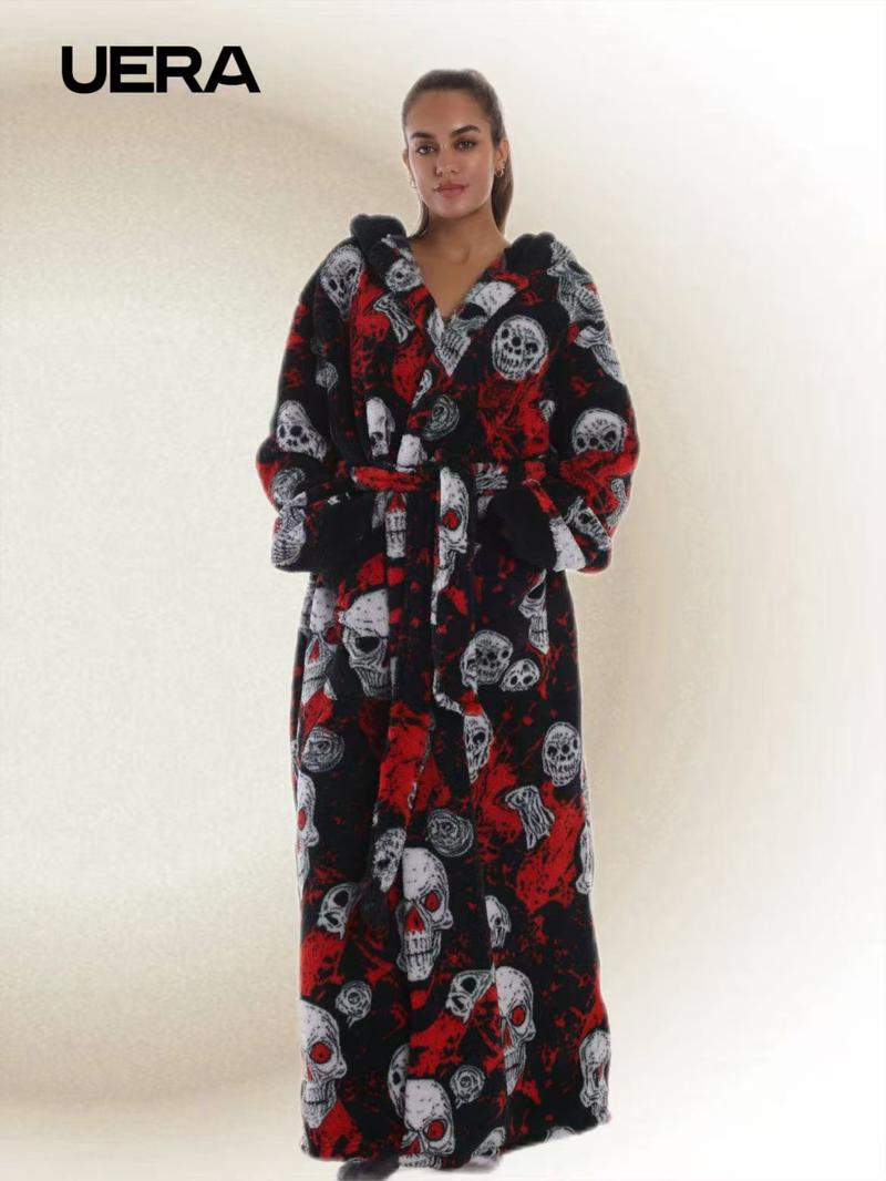 Skull Christmas Series Hooded Bathrobe, Elegant Casual Home Sleepwear, with Pockets, Long Sleeve, Fall & Winter Gift