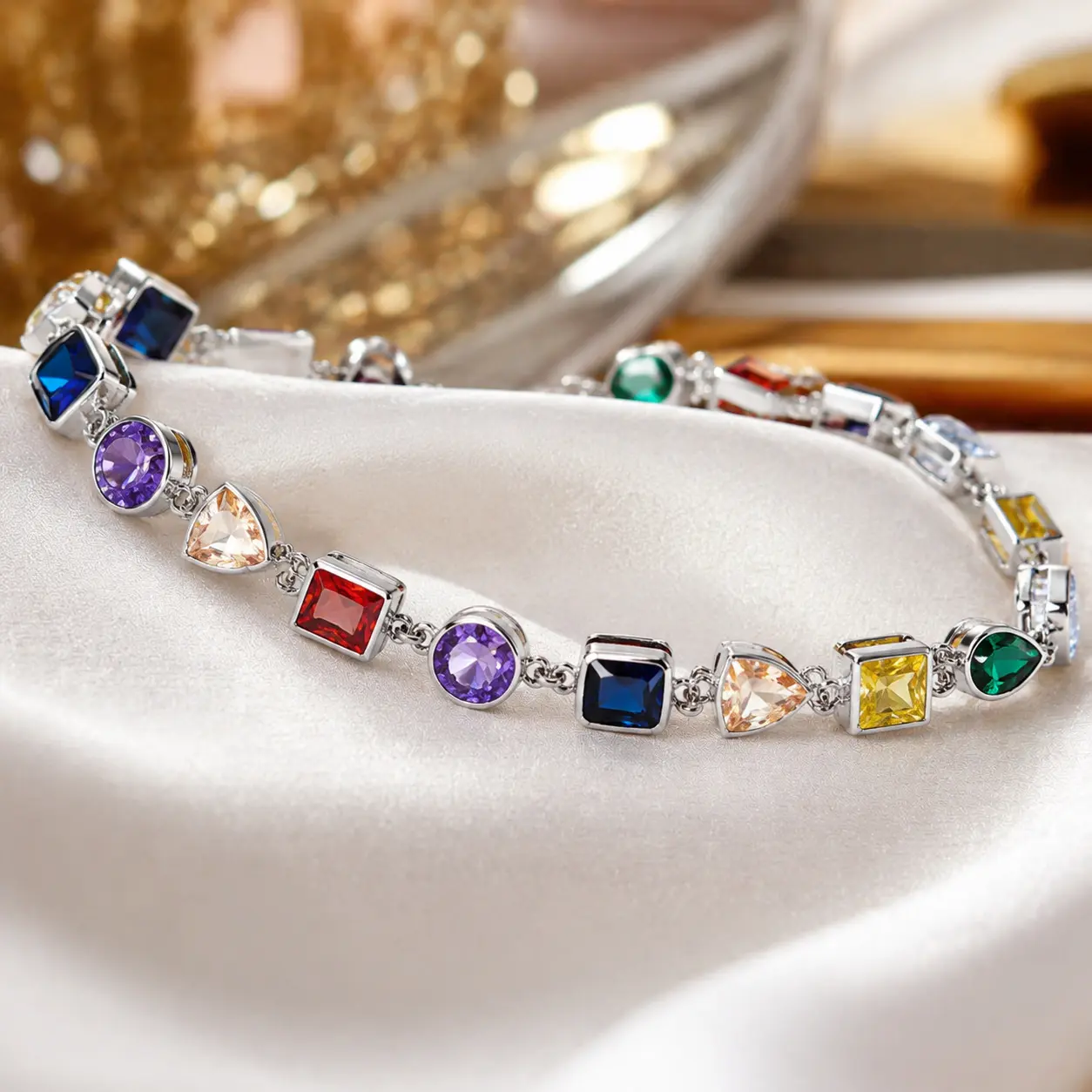 Loveden Dopamine Zircon Necklace with Color-Contrast Elements, Colorful Jewelry, Geometric Chain, Zircon, Light Luxury, Exquisite, Copper, Niche