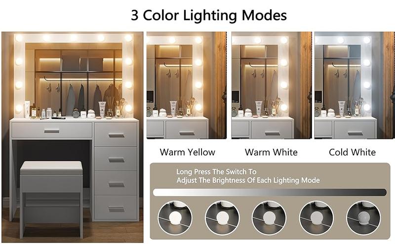 FUSOU 37"W 5 Drawers Vanity Desk with Power Outlet, Makeup Table with Lighted Mirror, 3 Color Lighting Modes,Vanity Table Dressing Table Set tabitha modern power outlet