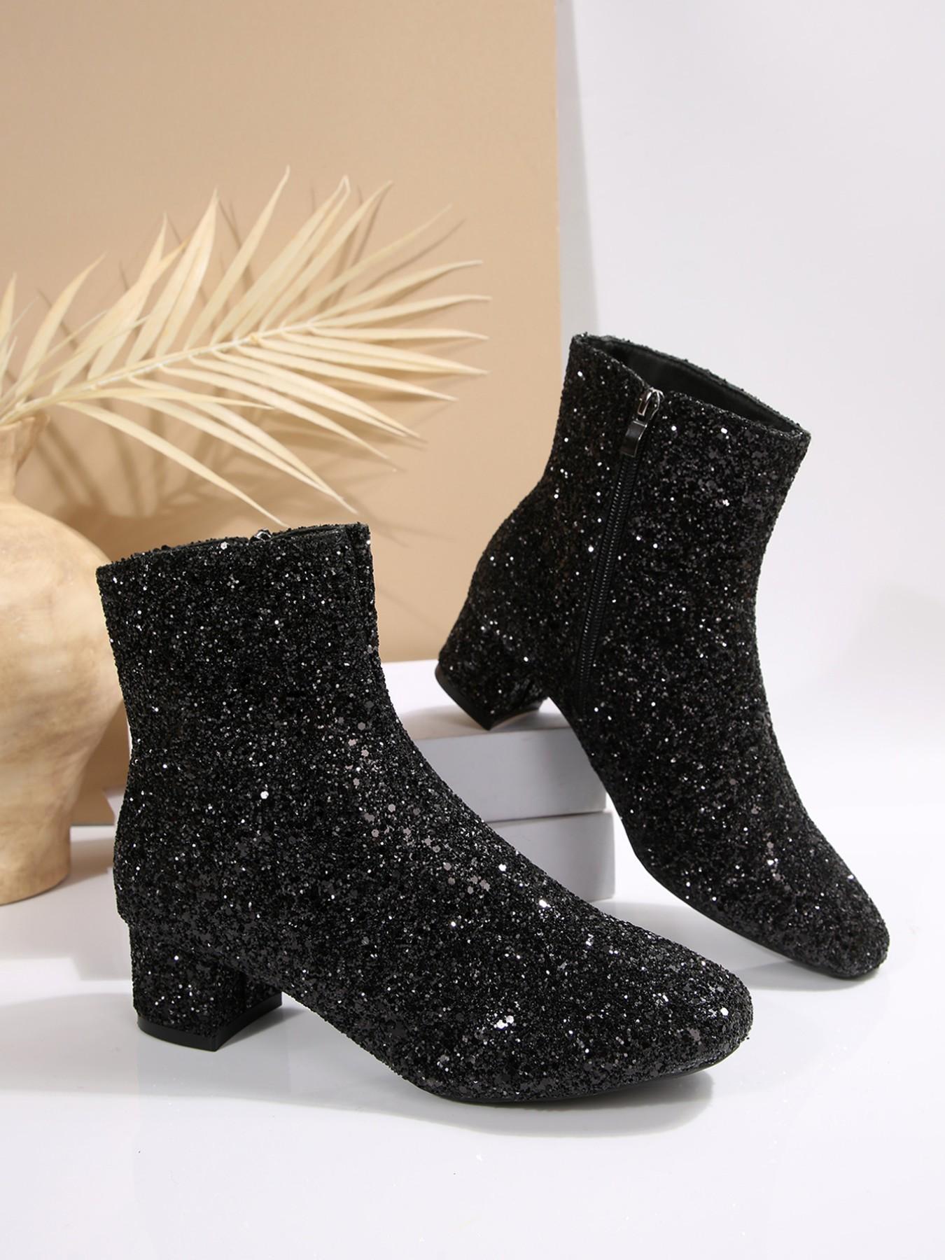2026 New Sequined Chunky Heel Short Boots, Fashion Boots with Full Sequins, Zipper Design for Easy Wear, Perfect for Parties and Dates