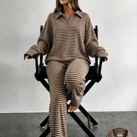 Women's Fall Winter Casual Striped Two-Piece Matching Set, Match Style Set, Long Sleeve Tee & Pants, Fitted Regular Length, Moderate Fabric Thickness
