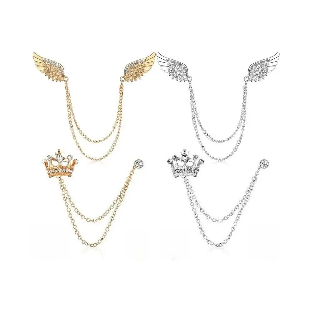 Vintage Wing Crown Tassel Chain Lapel Pins 4 Pack, ~14g Per Piece, Multi-Occasion Decor Brooches for Men Suit Tuxedo Wedding Halloween Office