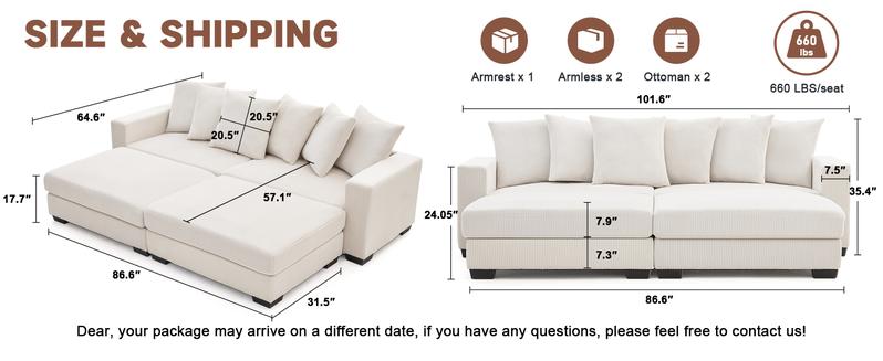 【4-5Packages】 101.6" Deep Seat Modular Sectional Sofa, Comfy Corduroy Sectional Couches for Living Room, L-Shaped Upholstered Cloud Couch with Chaise, Widened Armrests for 4 People