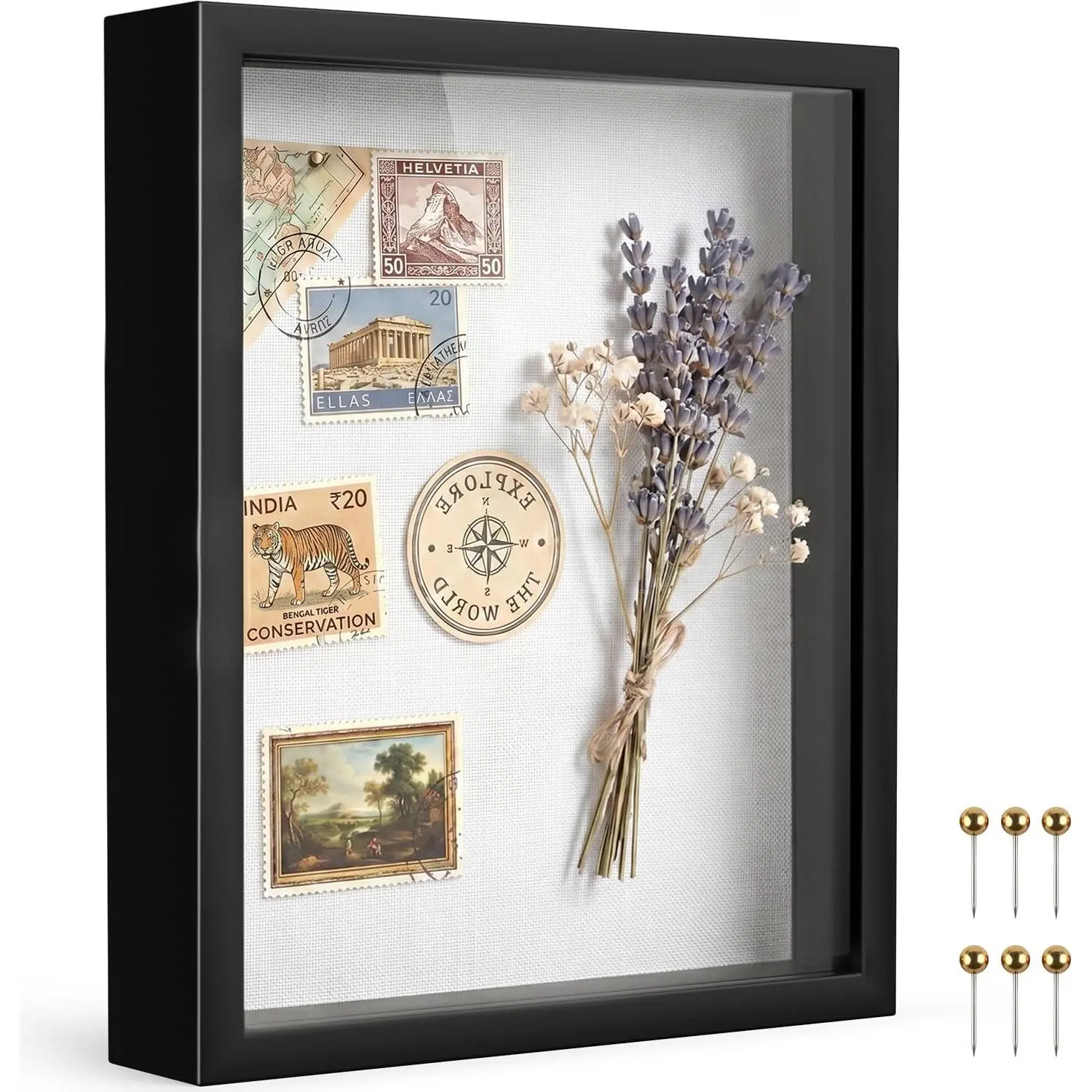 New Black 8×10 Shadow Box Display Frame, Premium Linen Backboard and Included Phpins, Plexiglass Memory Box