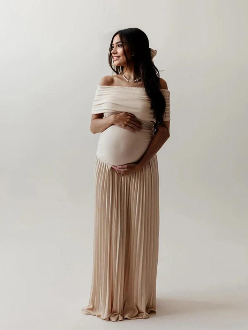 Elegant Off-Shoulder Ruched Maxi Dress, Maternity Baby Shower Gift, Long Flowy Party Dress, Maternity Dresses, Women's Fashion Clothing
