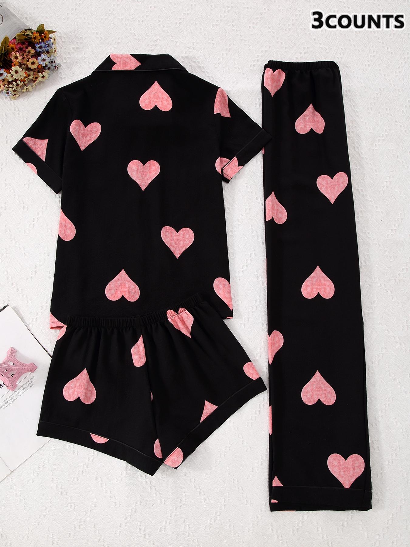 Women's 3-Piece Pajama Set, Cherry Print Button Front Top & Shorts Pants, Comfortable Sleepwear for Ladies, Casual Nightwear