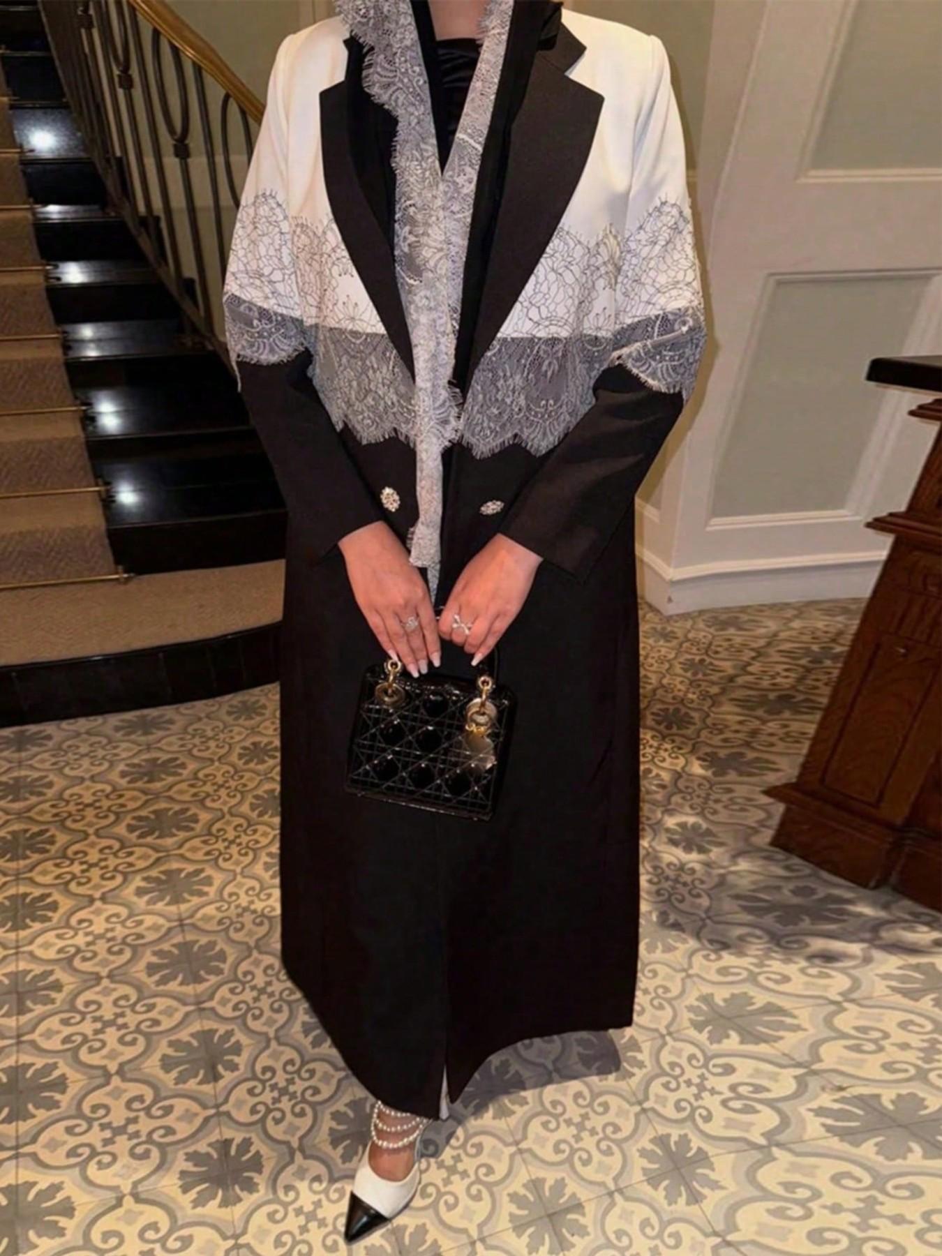 Lace Patchwork Blazer Coat, Elegant Long Cardigan with Scarf, Loose-Fitting Outerwear for All Seasons