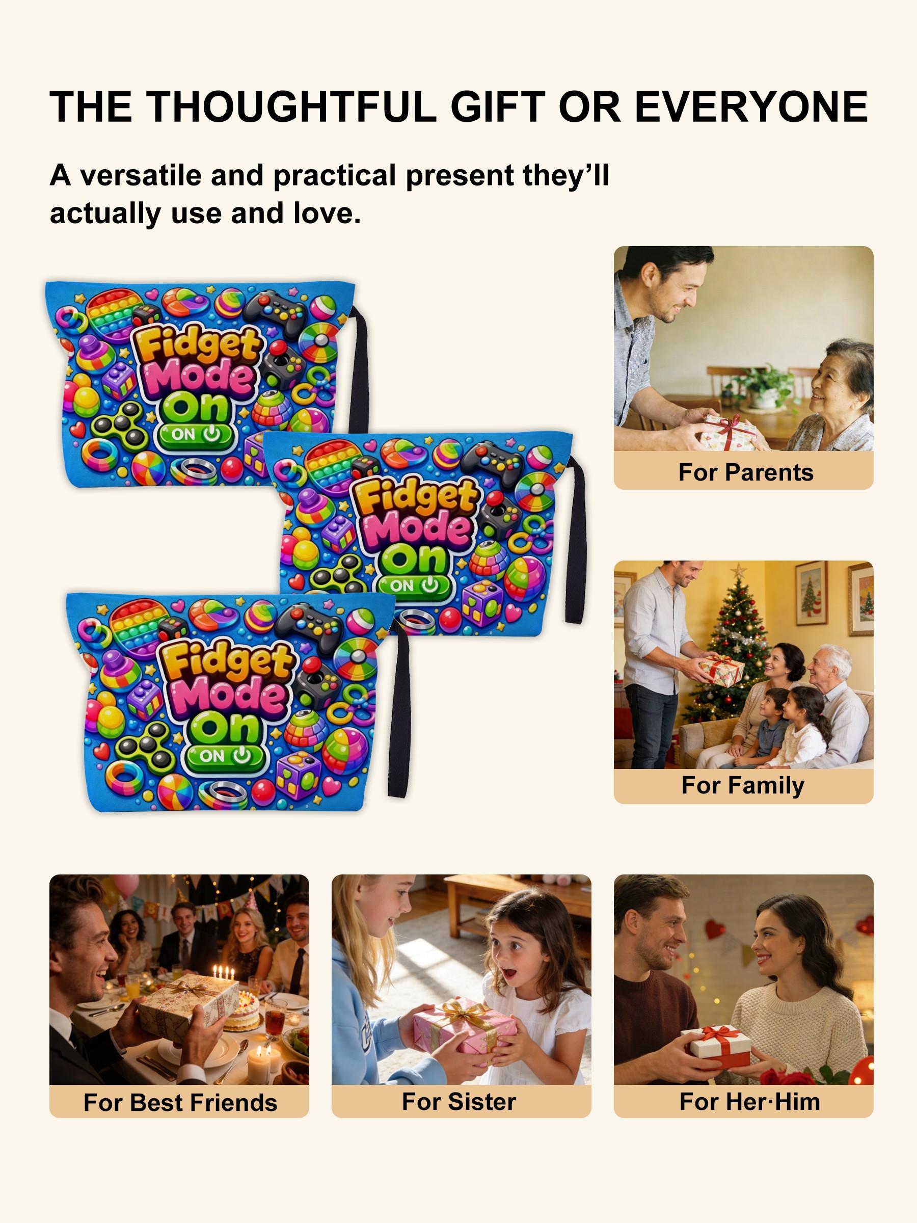 “Fidget Mode On Canvas Pouch – Versatile Storage for Cosmetics, Chargers, Snacks, Small Tools & Essentials | Thoughtful Gift for Fidget Toy Lovers, Women, Friends, Colleagues, Partners | Perfect for Birthdays, Christmas, Valentine’s Day, Mother’s Day, Tha