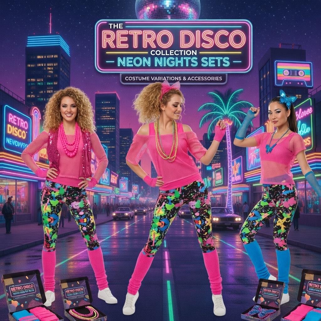 Women’s Neon Pink Mesh Top & Colorful Paint Splash Leggings Set - 80s 90s Rave Festival Outfit with Fishnet Shirt, Fingerless Gloves & Leg Warmers