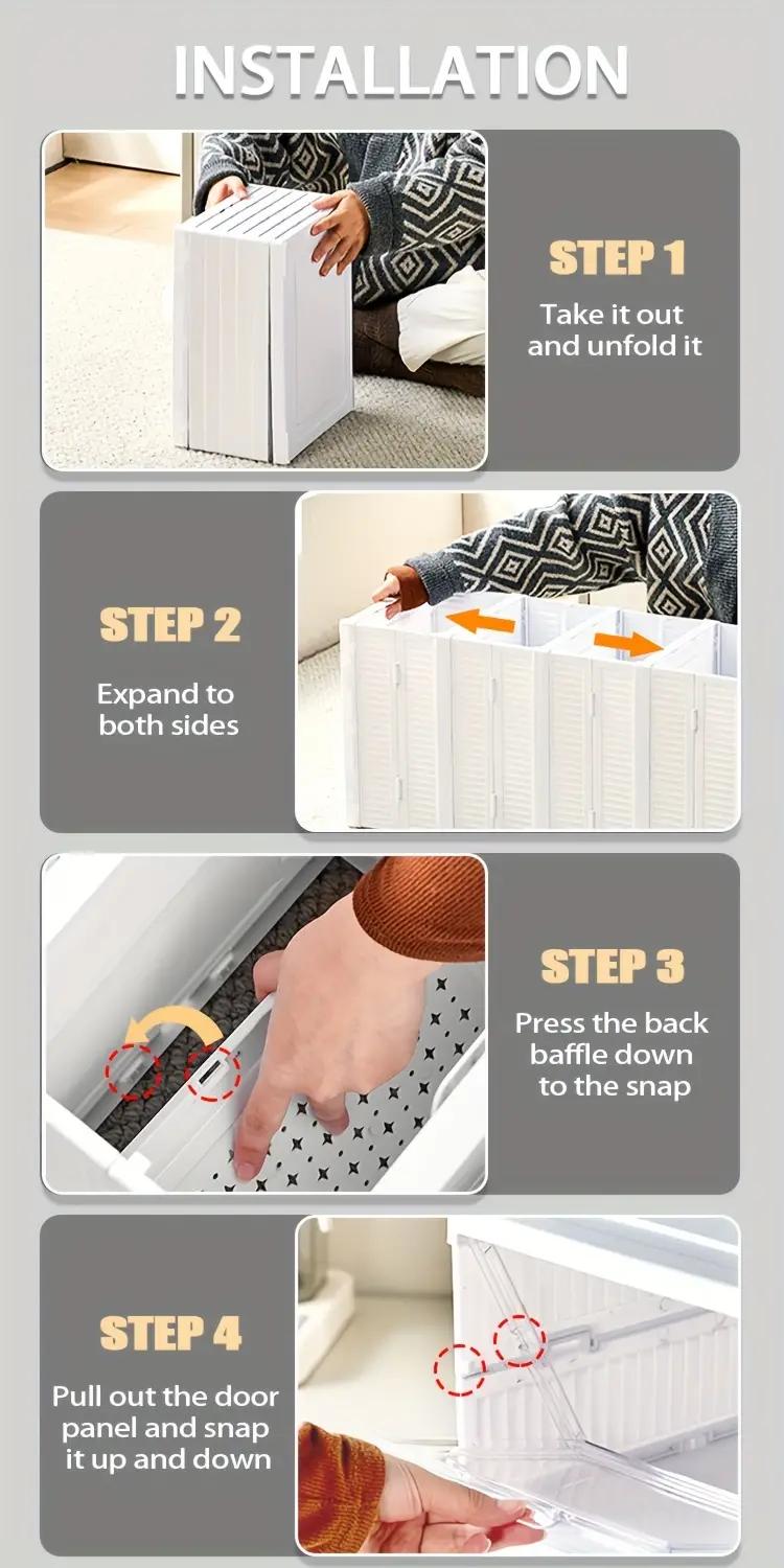 6-layer foldable shoe box Foldable Shoe Rack Collapsible Storage Box Size up to15, Free Standing Bins Stackable Plastic Tote with Lids Organizing Installation Free Clear Dustproof 6 LayersWhite transparent gray Footwear Organizer Organiser Black