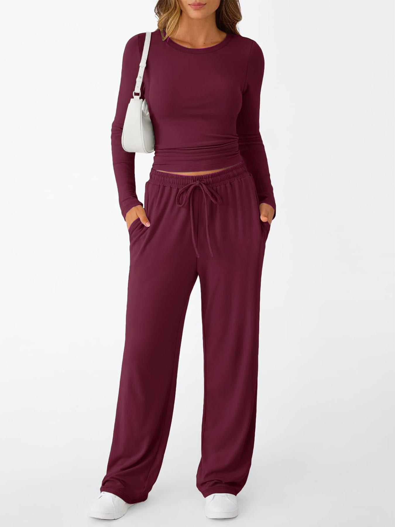 2026 Women's Two-Piece Loungewear Set, Soft Long-Sleeved Round-Neck Crop Top, Drawstring High-Waisted Wide-Leg Pants with Pockets