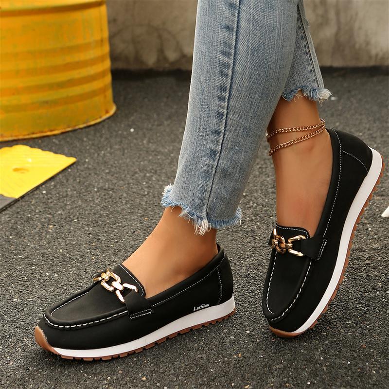 Women's Loafers Shoes with Chain, Round Retro Toe Comfortable Slip On Work