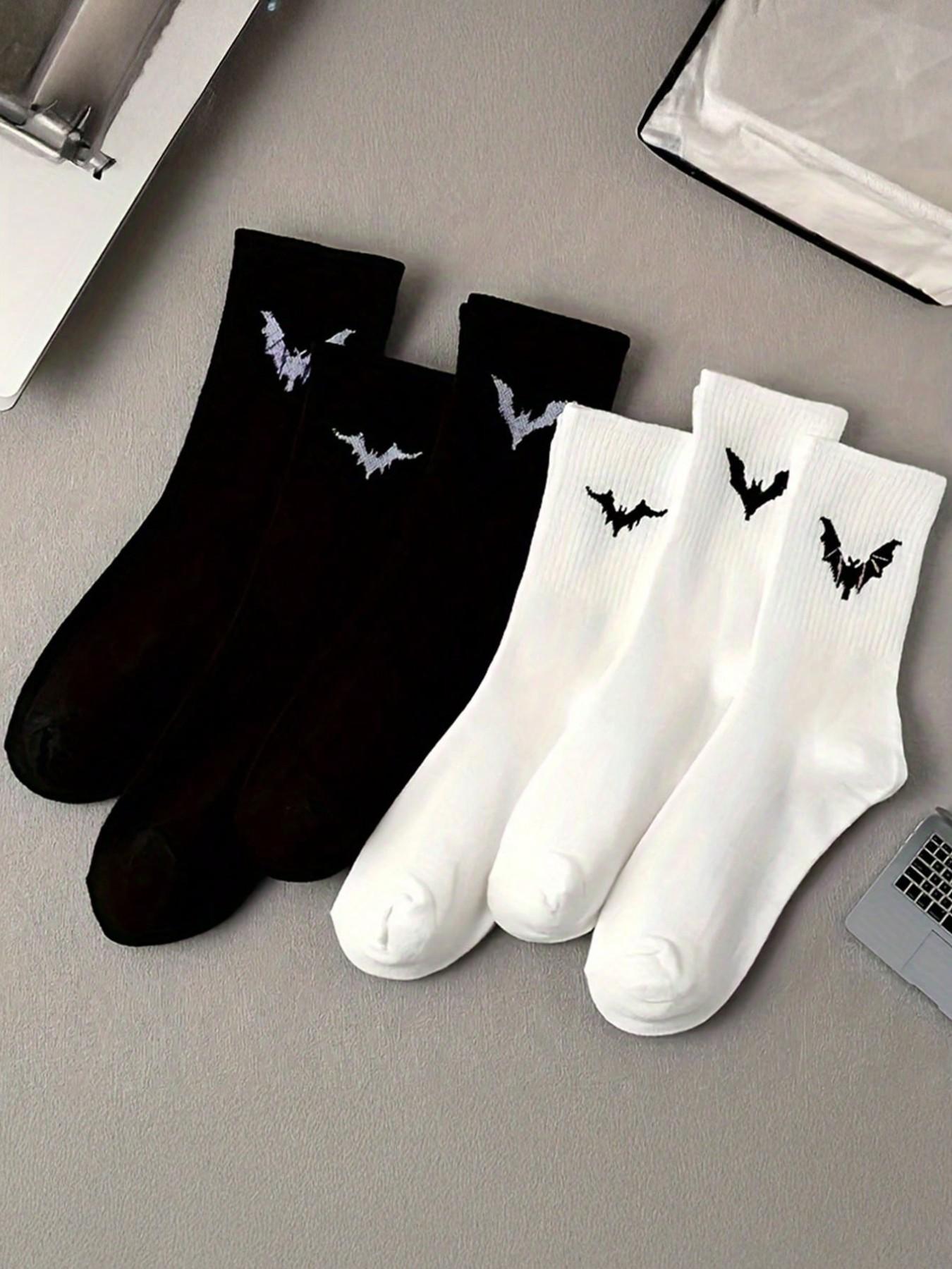 6 Pairs Men's Mid-Calf Socks, Bat Logo, Breathable, Anti-Odor, Sweat-Wicking, Casual Daily Wear, Student & Office Use