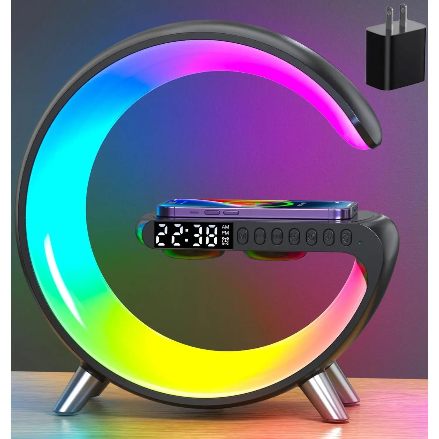 4-in-1 LED Table Lamp with Wireless Charger, Night Light, Alarm Clock & Bluetooth Speaker, App Control Bedside Charging Station for Bedroom Office Home Decor, Gift for Teens