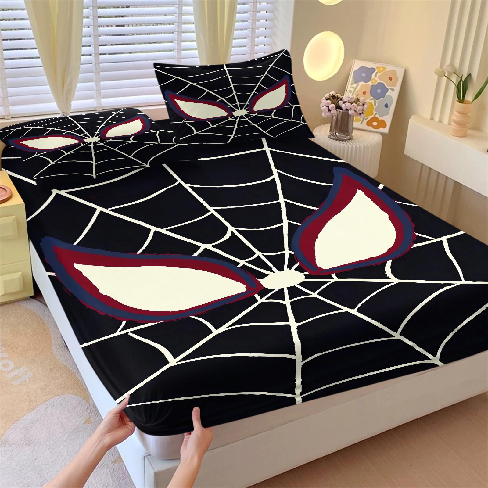 Spider web pattern printed bed sheet, Decorative Bedsheet Sets, warm and comfortable bedding, anti slip dust cover suitable for children's bedroom decoration, including 1 bed sheet and 2 pillowcases