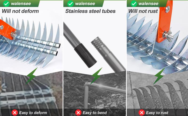 Walensee Thatch Rake, 15-Inch Lawn Thatching Rake, Robust Dethatcher Rake, Efficient Steel Metal Rake with Handle, Versatile Grass Grooming Rake for Cleaning Dead Grass