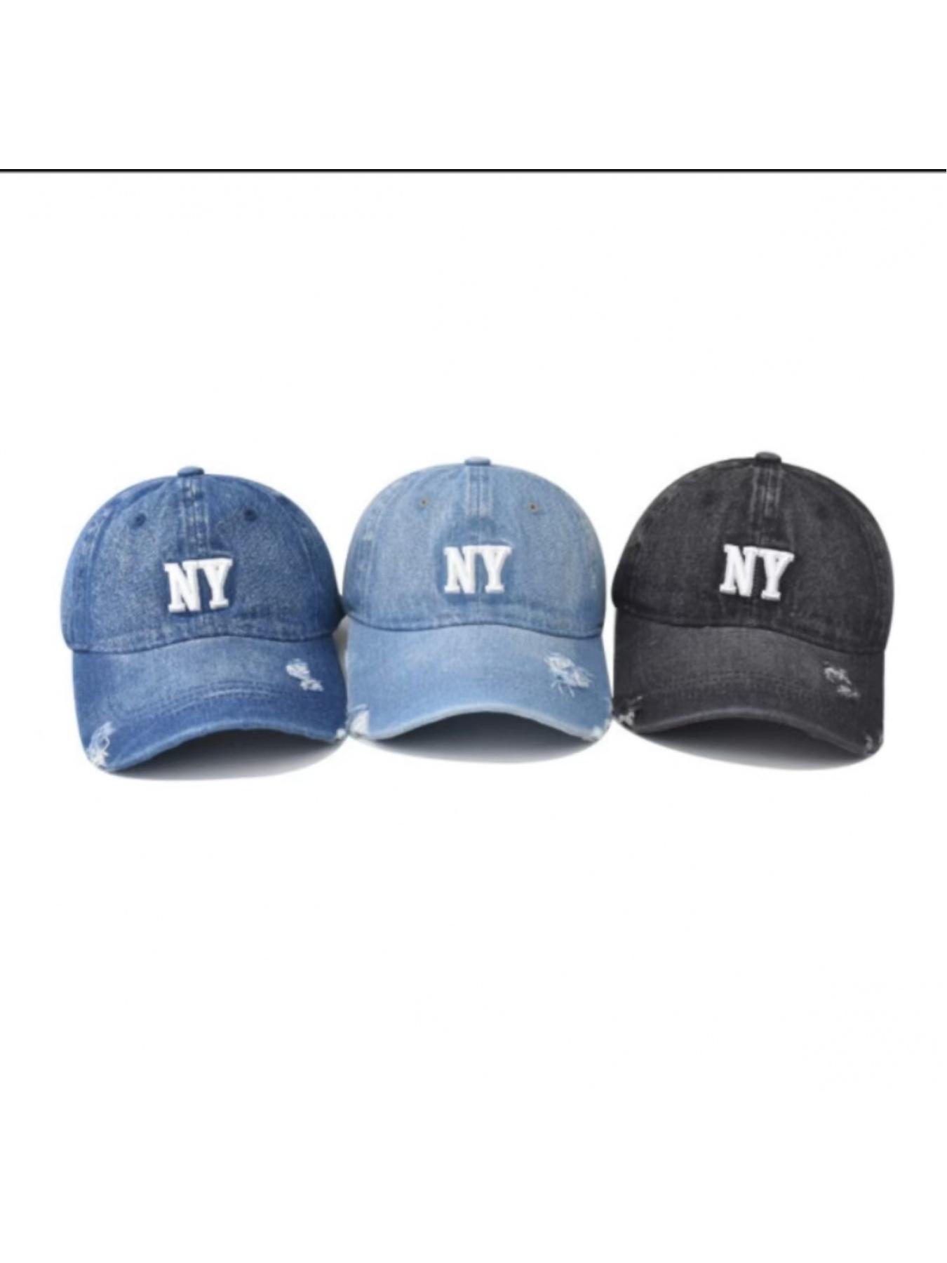 Washed vintage denim baseball cap with NY letter embroidery, versatile unisex peaked hat for all seasons