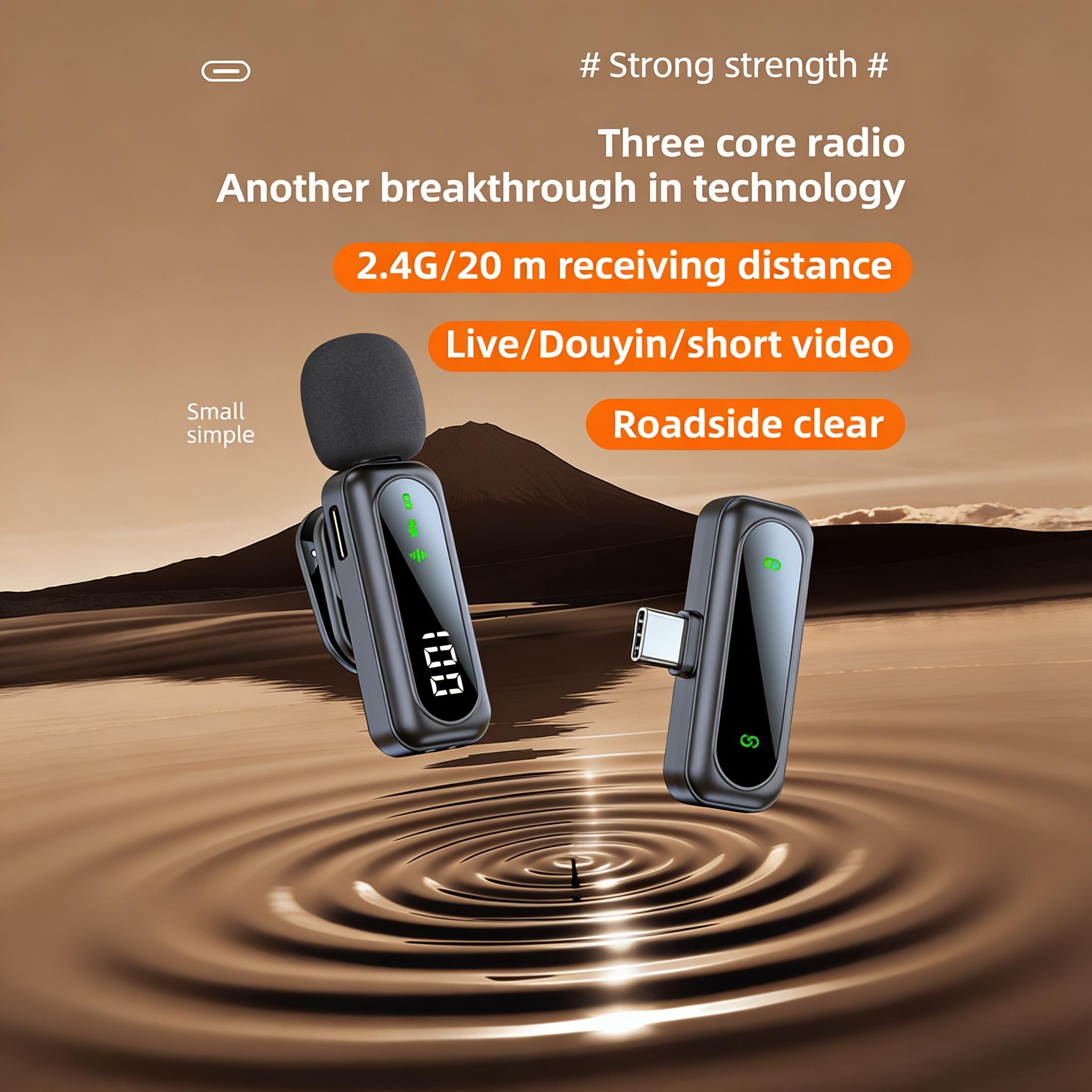 J21 Wireless Lapel Microphone, Live Streaming Mic, Plug-And-Play, Auto Pairing, Magnetic Clip, LED Display, Smart Noise Reduction, for iPhone Android USB Devices