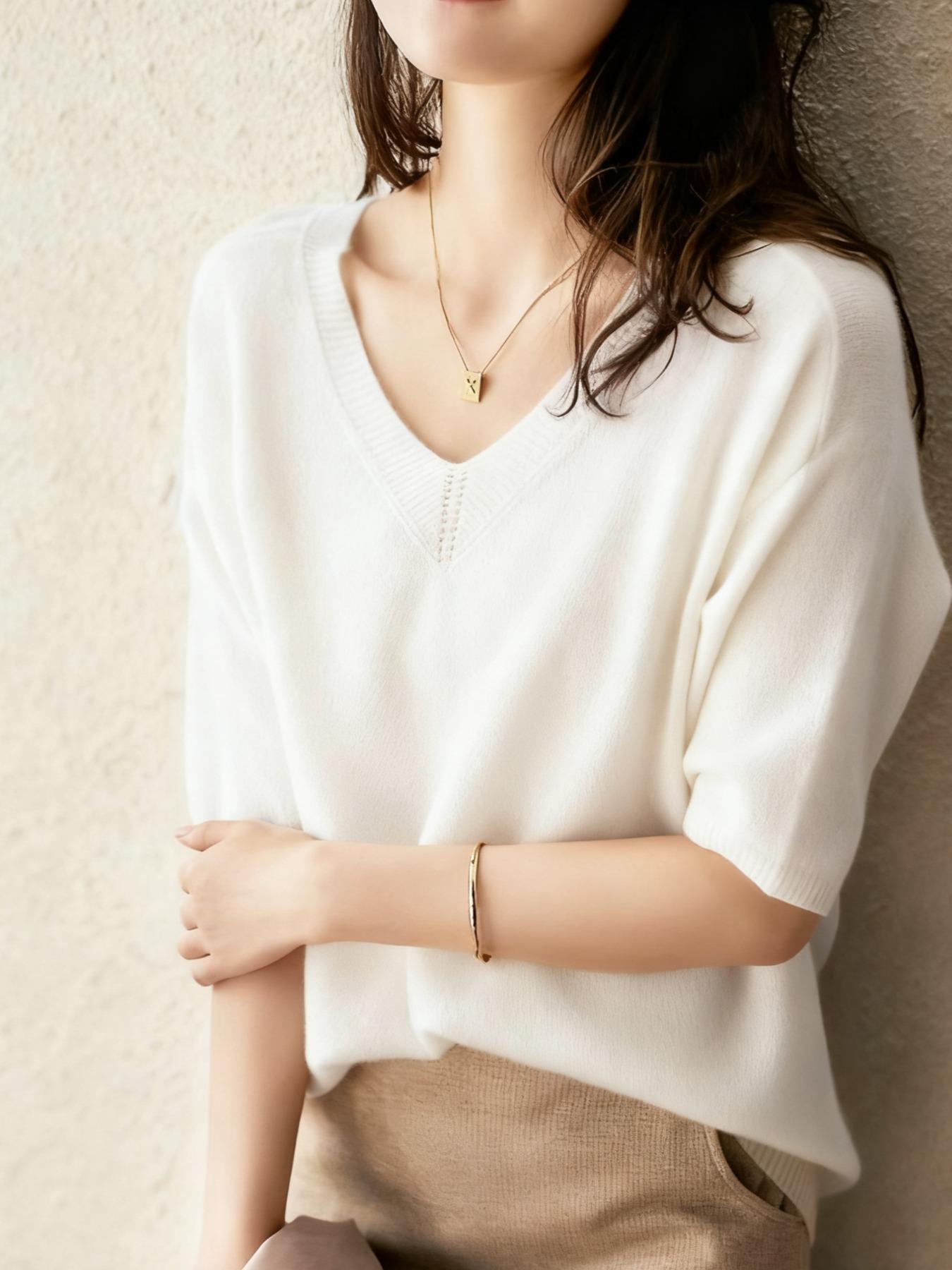 New Knitted Short Sleeve T-Shirt for Women, Thin Loose V-Neck Slimming High-Quality Breathable Top, Stylish Casual Wear