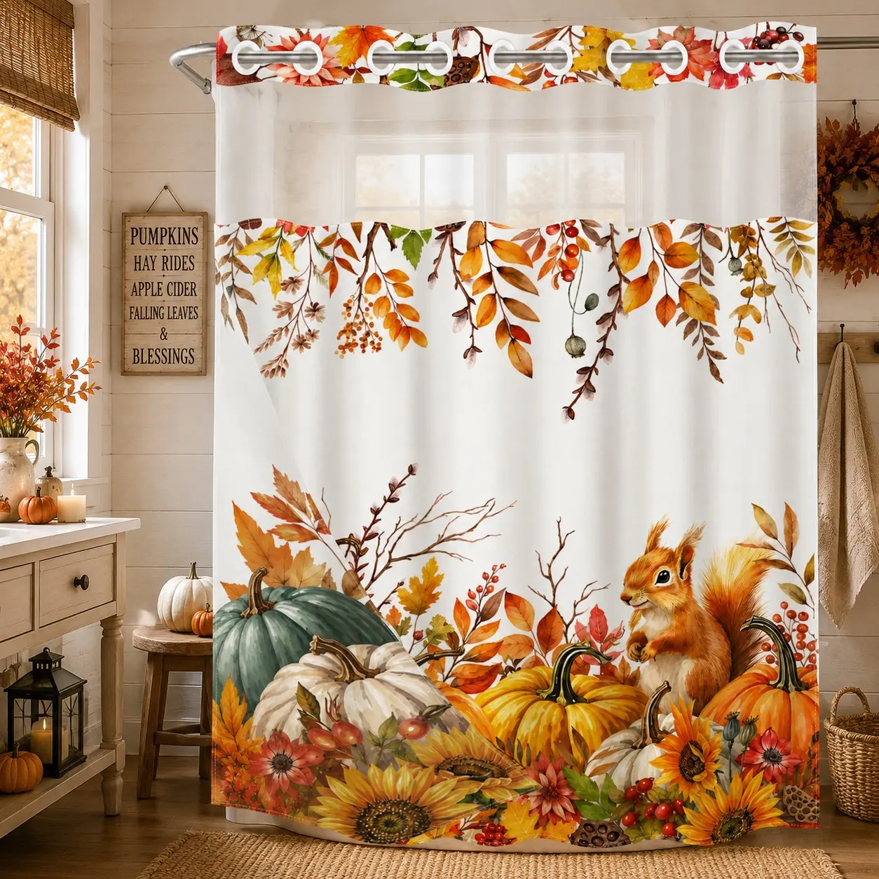 1PC 2D Flat Watercolor Squirrel, Pumpkin, Sunflower, Berry & Hanging Autumn Leaf Pattern Double-Layer Woven Shower Curtain, No Hooks, Transparent Top Window, Removable Snap-On Liner, Rustic Farmhouse Bathroom Art Decor, Thanksgiving & Holiday Decoration