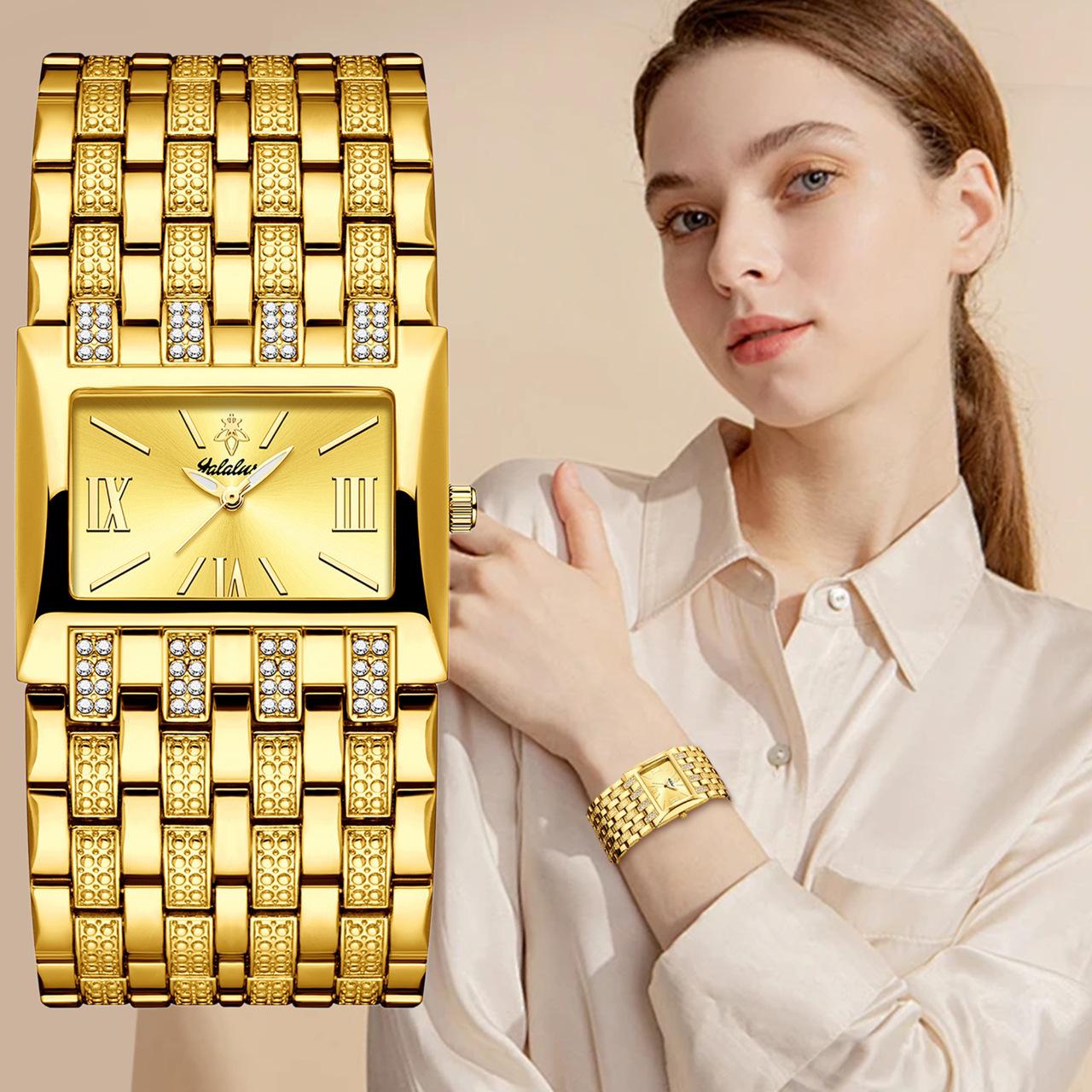 Women's Luxury Gold Square Diamond Watch - Elegant Bling Crystal Encrusted Bracelet with Roman Numerals, Stainless Steel Band, Fashion Dress Wristwatch, Perfect Gift for Her