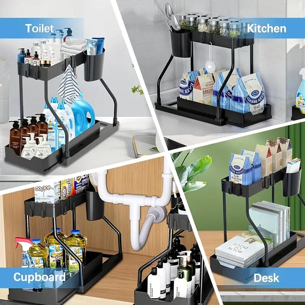 2 Layer Pull Out Storage Rack, Large Capacity Adjustable Dividers Drawer Organizer, Kitchen and Bathroom Storage Rack, Double Tiers Cutlery Holder, Drawer Dresser Organizer, Kitchen Sink Rack, Bathroom Organization