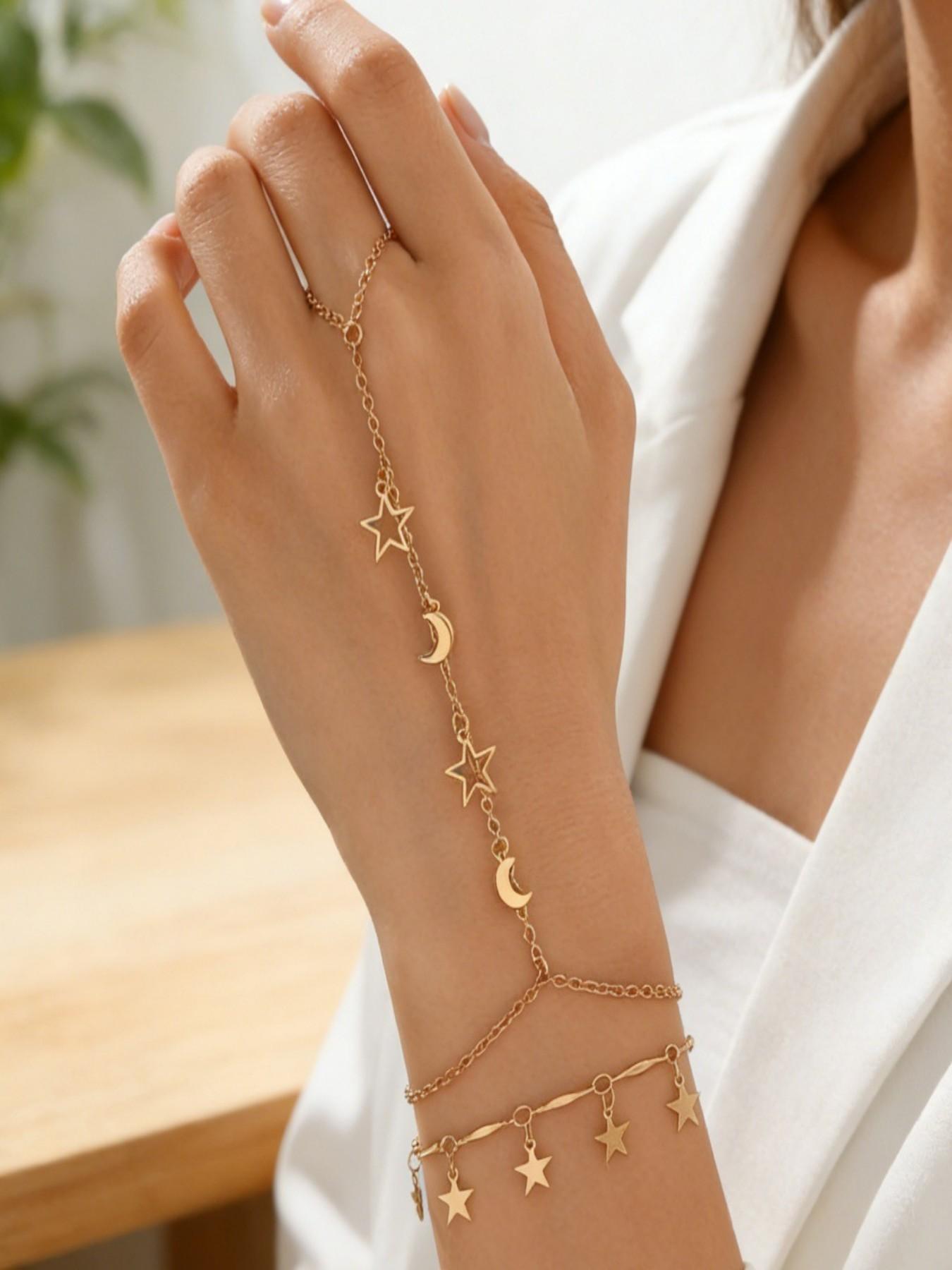 2pc Layered Bracelet, Retro Star Moon Design, Multi-Layer Connected Finger Bracelet, Casual Women's Accessory, Birthday Gift