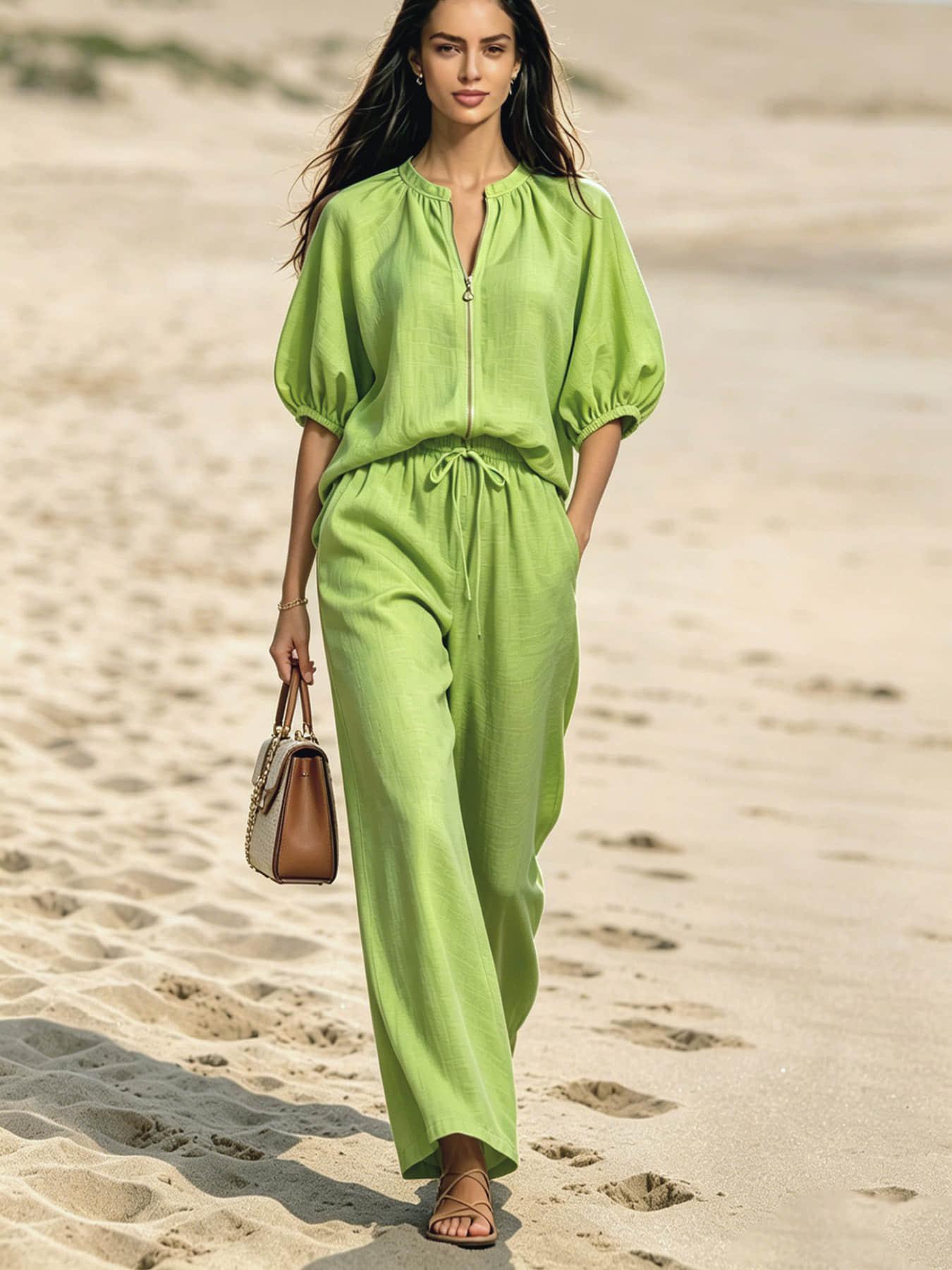 Two piece set of women's vacation casual basic fashion palazzo set Pants Sets Clothes solid color zipper round neck wide leg pants, suitable forallseasons, suitable for vacation, Outdoor, indoor and outdor wear.